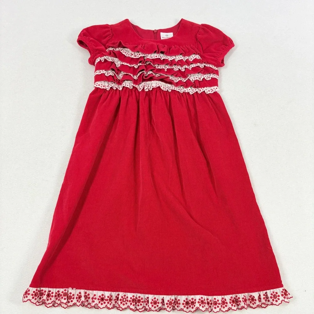 Hanna Andersson Corduroy Dress Girls 140 Size 10 Red Ruffle Lace Holiday Festive